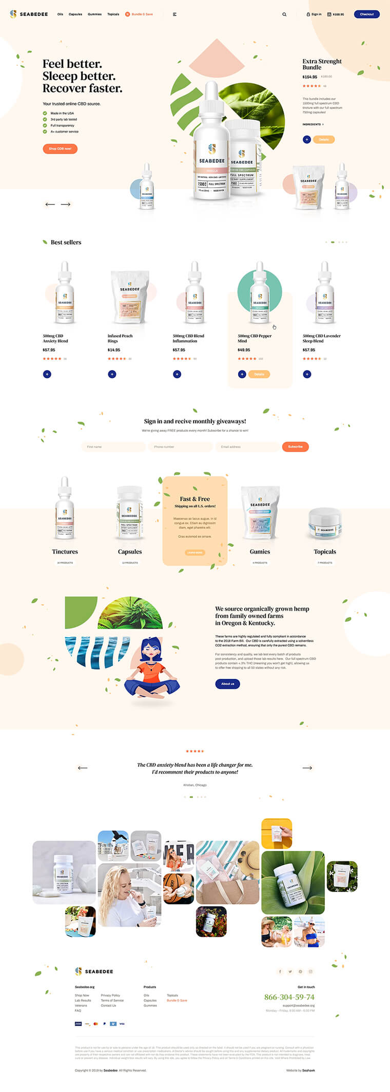 E-commerce website design for a wellness products store in a soft cream palette with product bottles