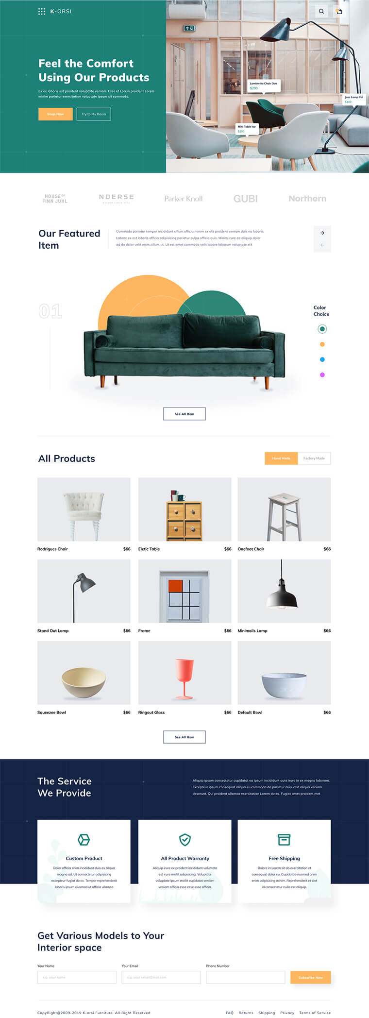E-commerce website design for a furniture store in green and navy with a featured sofa and product grid