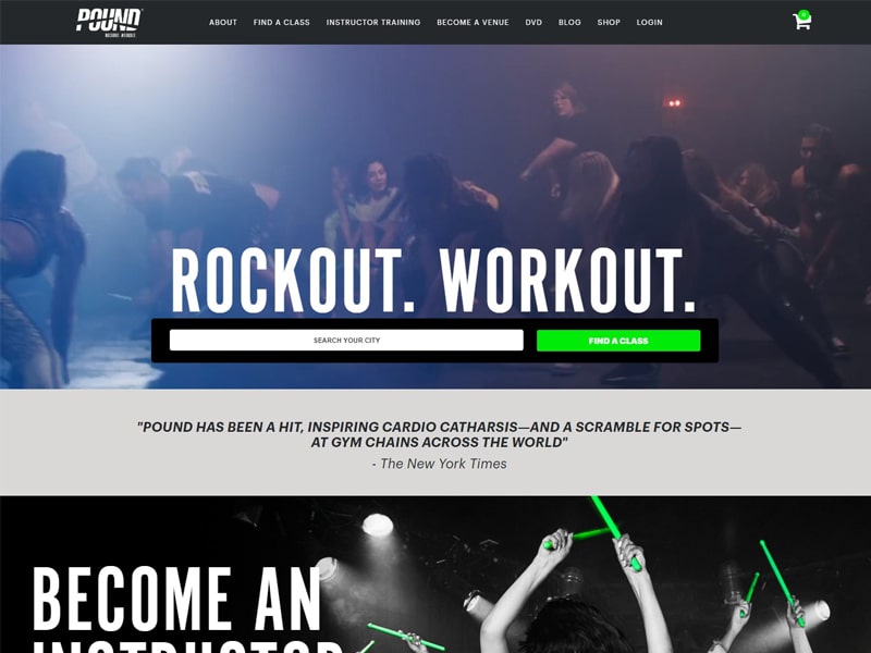 Fitness class website homepage with a city search and the headline Rockout. Workout.