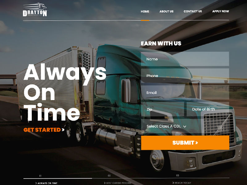 Trucking company website homepage with an Always On Time headline and a driver application form