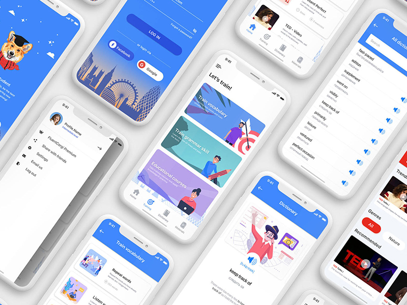 Language learning app screens: login, training modes, dictionary and video lessons in blue