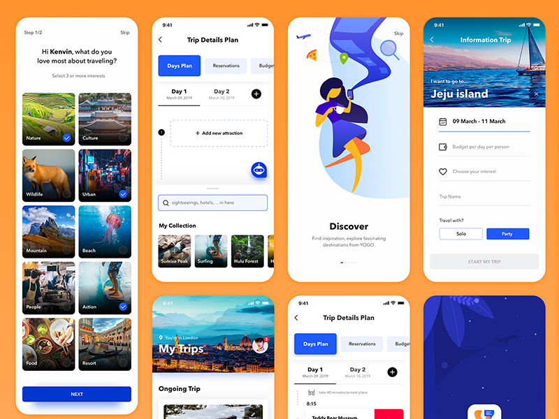 Travel planning app screens: interest picker, trip day plan, destination discovery and trip details in orange